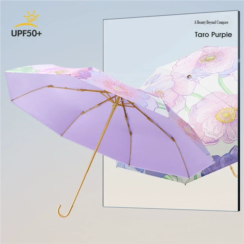 New curved hook pattern sun umbrella, fresh and cute women's sunshade umbrella, black and colorful glue three-fold sunshade and