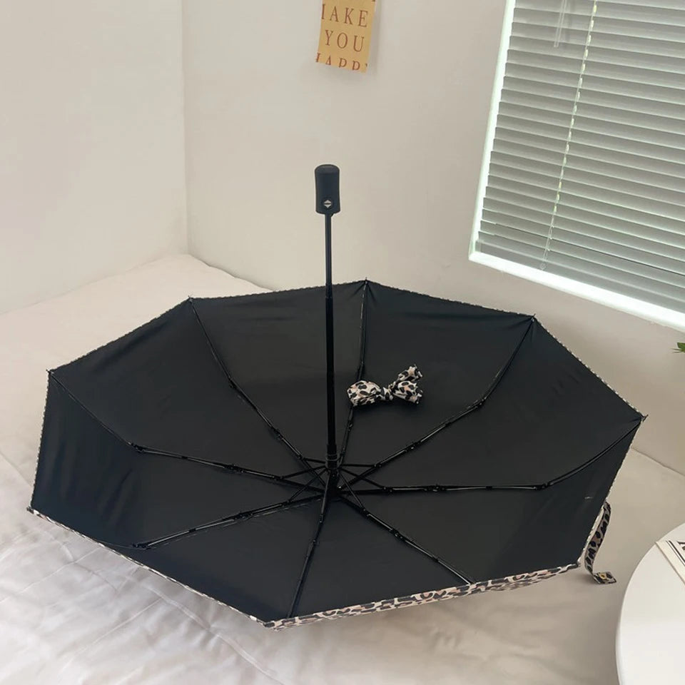 totes Automatic Open Close Water-Resistant Travel Folding Umbrella with Sun Protection, Leopard Spot