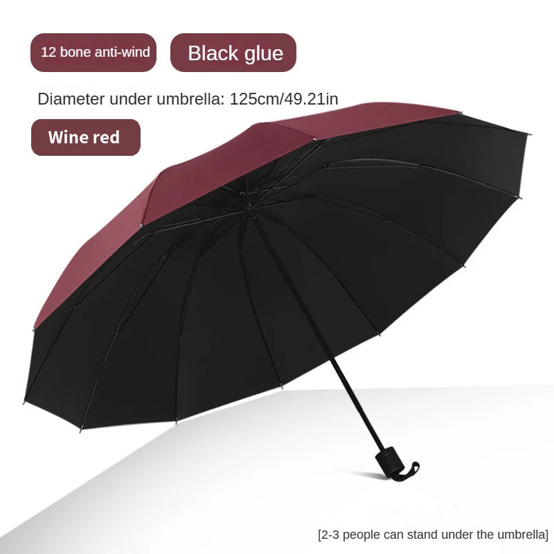 Super Large Foldable Umbrella Black Sun Protection Reinforced 12 Bones Sturdy for Three Men And Women  Manually open