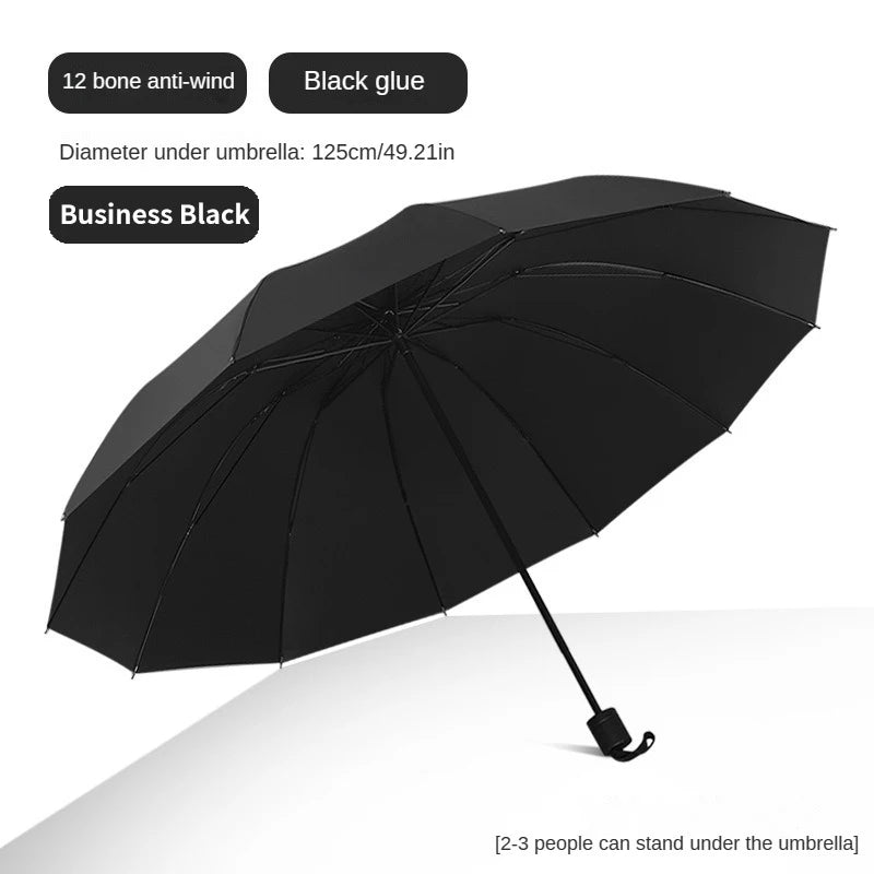 Super Large Foldable Umbrella Black Sun Protection Reinforced 12 Bones Sturdy for Three Men And Women  Manually open