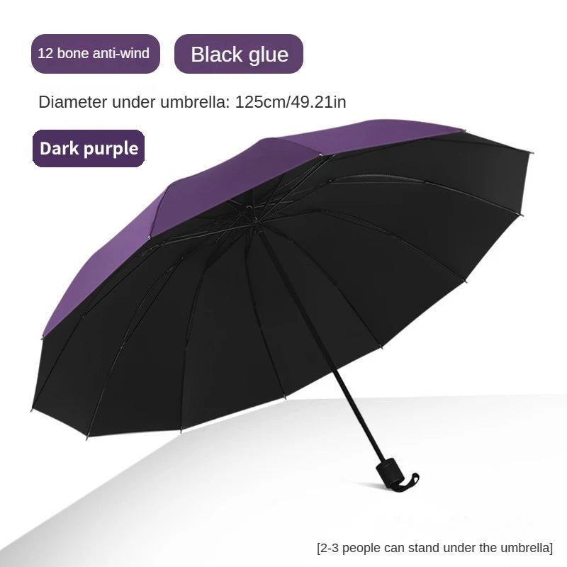 Super Large Foldable Umbrella Black Sun Protection Reinforced 12 Bones Sturdy for Three Men And Women  Manually open