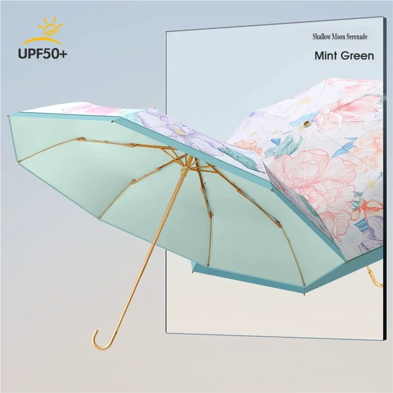 New curved hook pattern sun umbrella, fresh and cute women's sunshade umbrella, black and colorful glue three-fold sunshade and