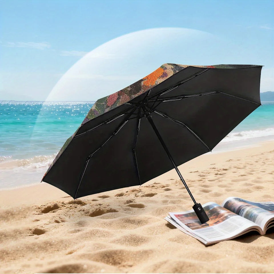 1pc Automatic Open/Close Compact Umbrella with, 8-Rib Sturdy Frame & Wildflower Print - Lightweight Portable Folding Umbrella