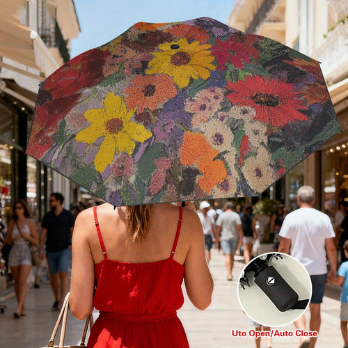 1pc Automatic Open/Close Compact Umbrella with, 8-Rib Sturdy Frame & Wildflower Print - Lightweight Portable Folding Umbrella