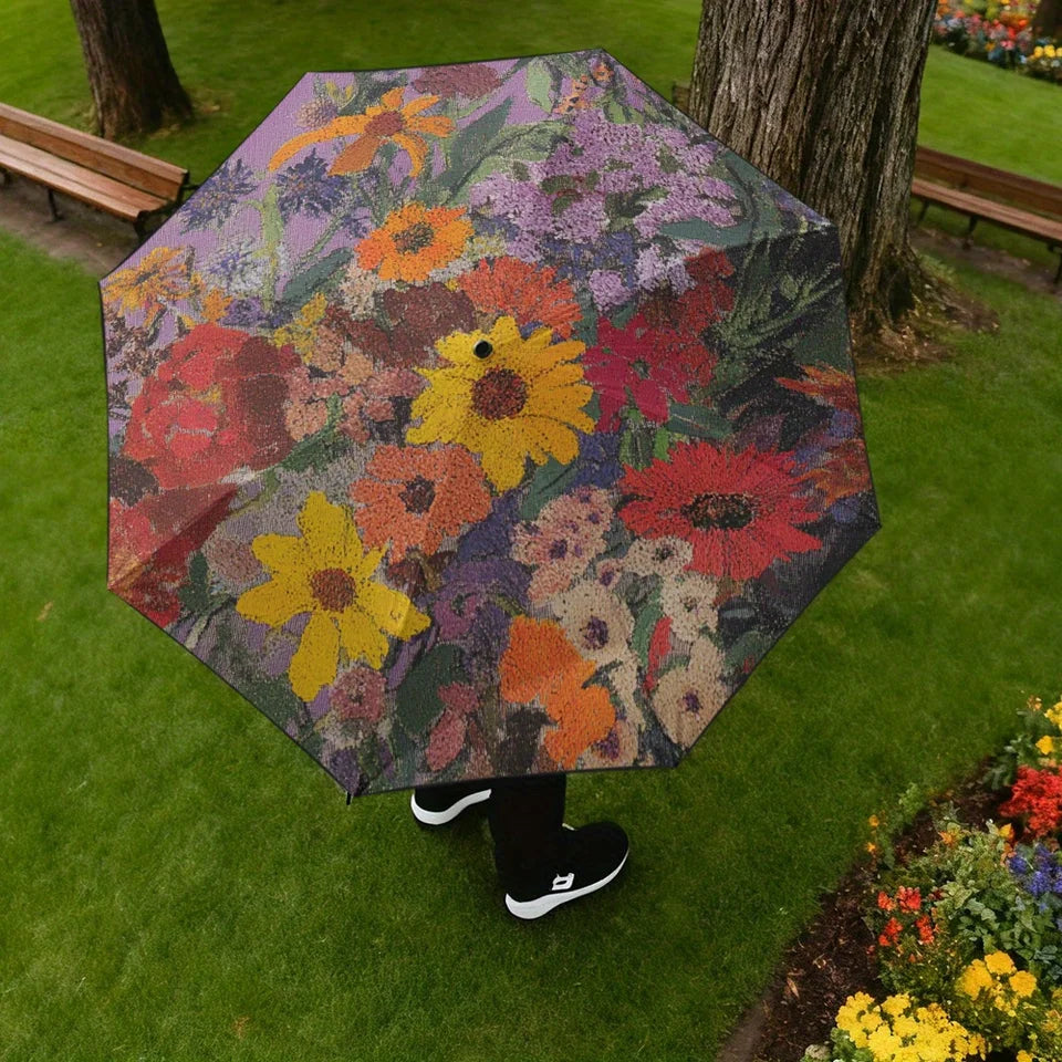 1pc Automatic Open/Close Compact Umbrella with, 8-Rib Sturdy Frame & Wildflower Print - Lightweight Portable Folding Umbrella