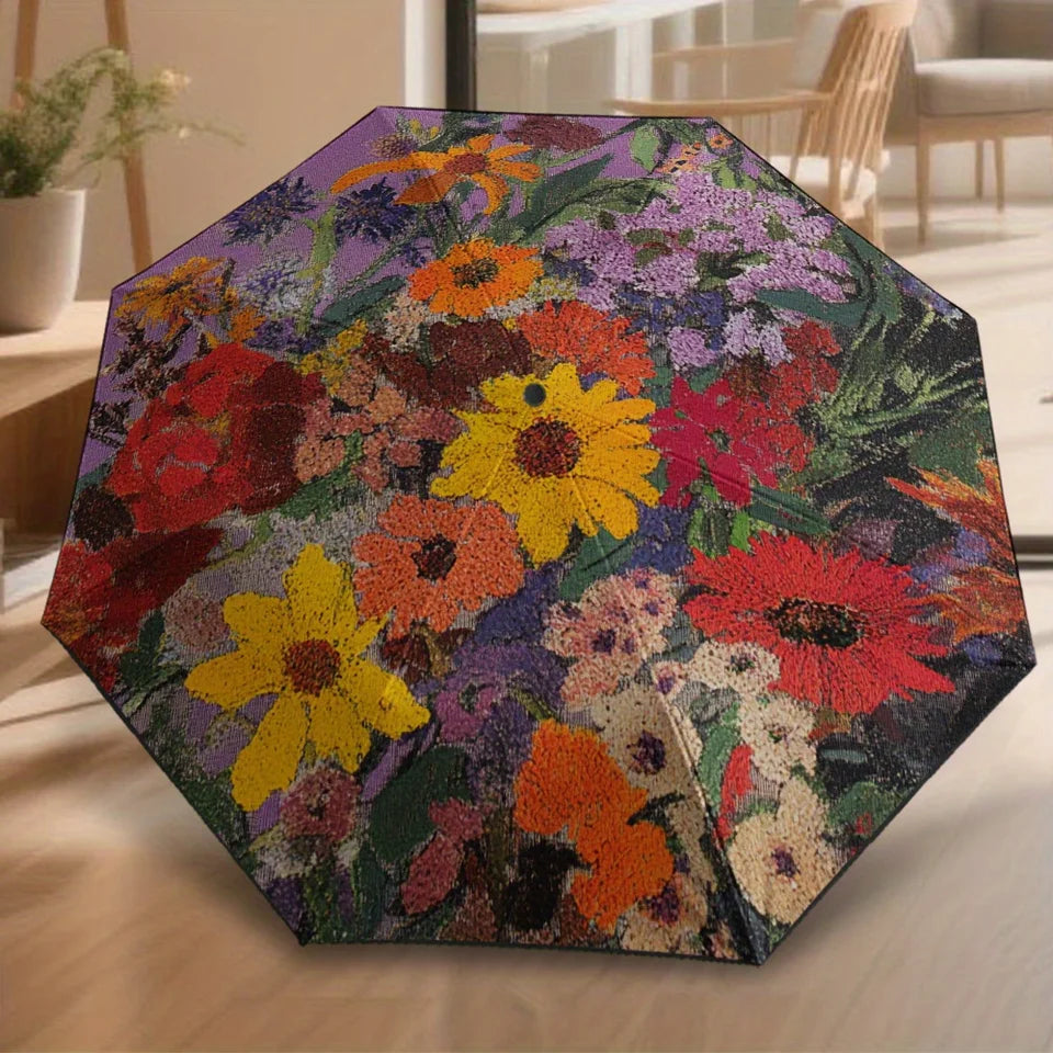 1pc Automatic Open/Close Compact Umbrella with, 8-Rib Sturdy Frame & Wildflower Print - Lightweight Portable Folding Umbrella