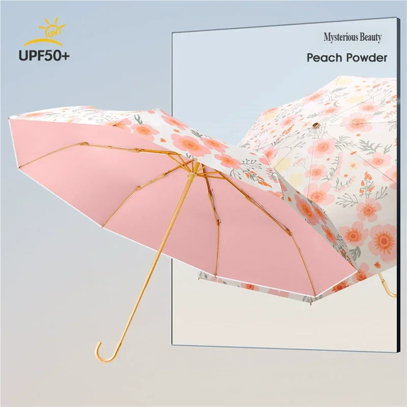 New curved hook pattern sun umbrella, fresh and cute women's sunshade umbrella, black and colorful glue three-fold sunshade and