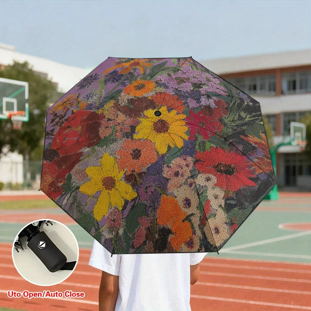 1pc Automatic Open/Close Compact Umbrella with, 8-Rib Sturdy Frame & Wildflower Print - Lightweight Portable Folding Umbrella