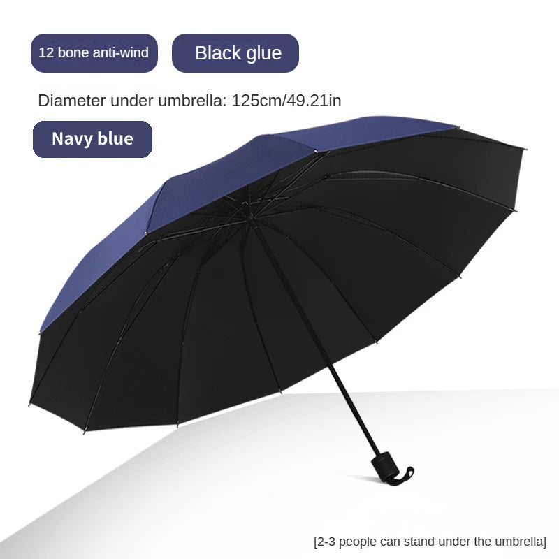 Super Large Foldable Umbrella Black Sun Protection Reinforced 12 Bones Sturdy for Three Men And Women  Manually open