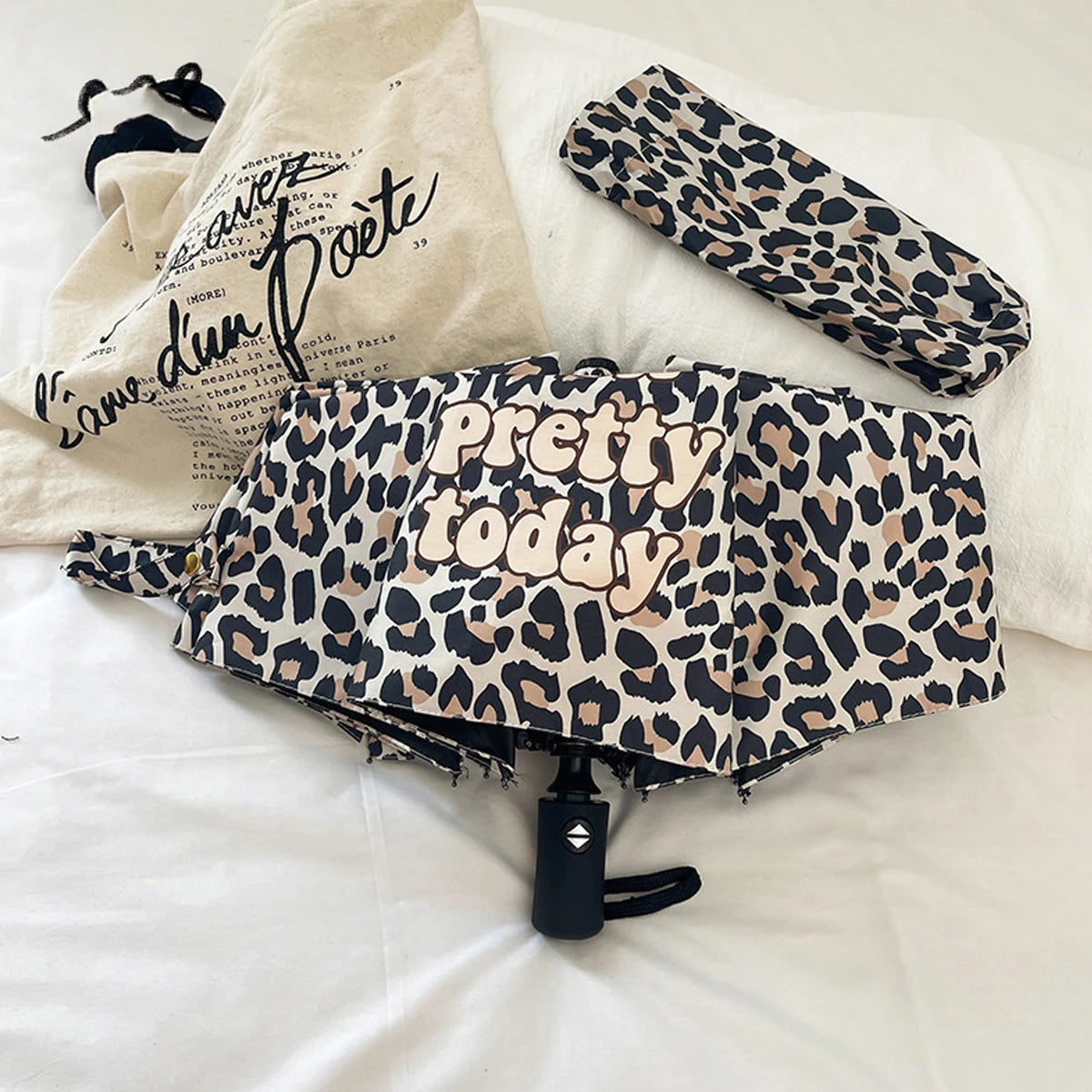 totes Automatic Open Close Water-Resistant Travel Folding Umbrella with Sun Protection, Leopard Spot