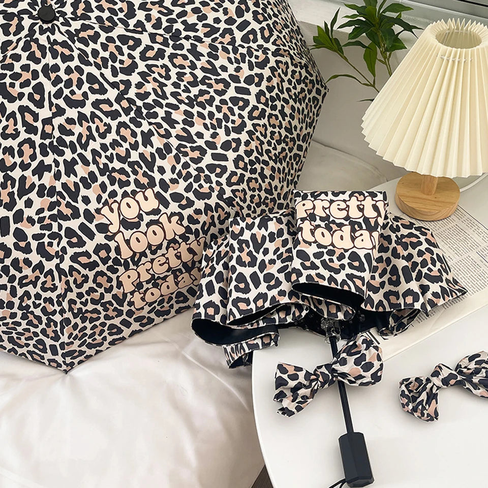 totes Automatic Open Close Water-Resistant Travel Folding Umbrella with Sun Protection, Leopard Spot