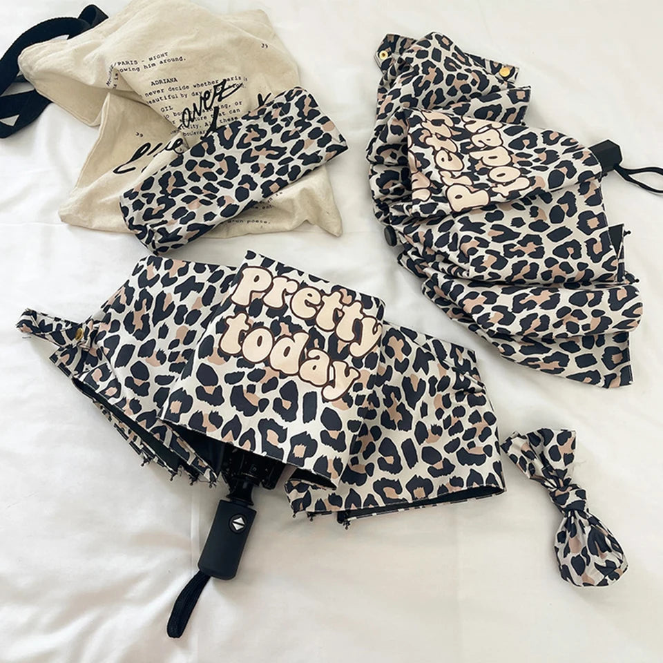 totes Automatic Open Close Water-Resistant Travel Folding Umbrella with Sun Protection, Leopard Spot