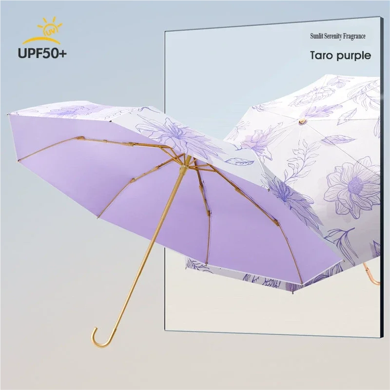 New curved hook pattern sun umbrella, fresh and cute women's sunshade umbrella, black and colorful glue three-fold sunshade and